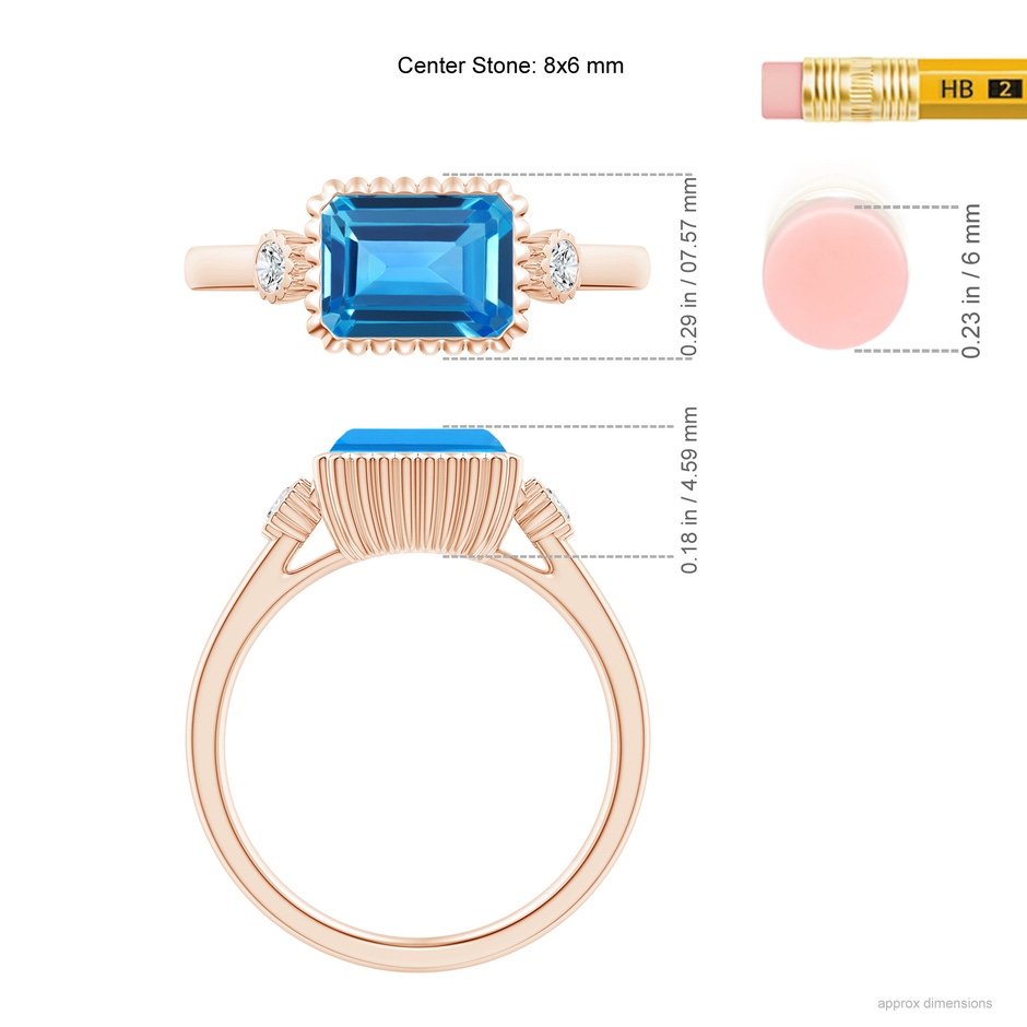 8x6mm AAAA East-West Emerald-Cut Swiss Blue Topaz Ring with Diamonds in Rose Gold ruler
