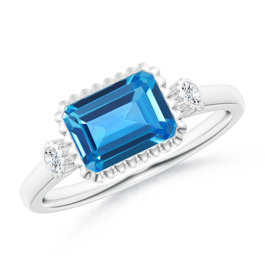 8x6mm AAAA East-West Emerald-Cut Swiss Blue Topaz Ring with Diamonds in White Gold
