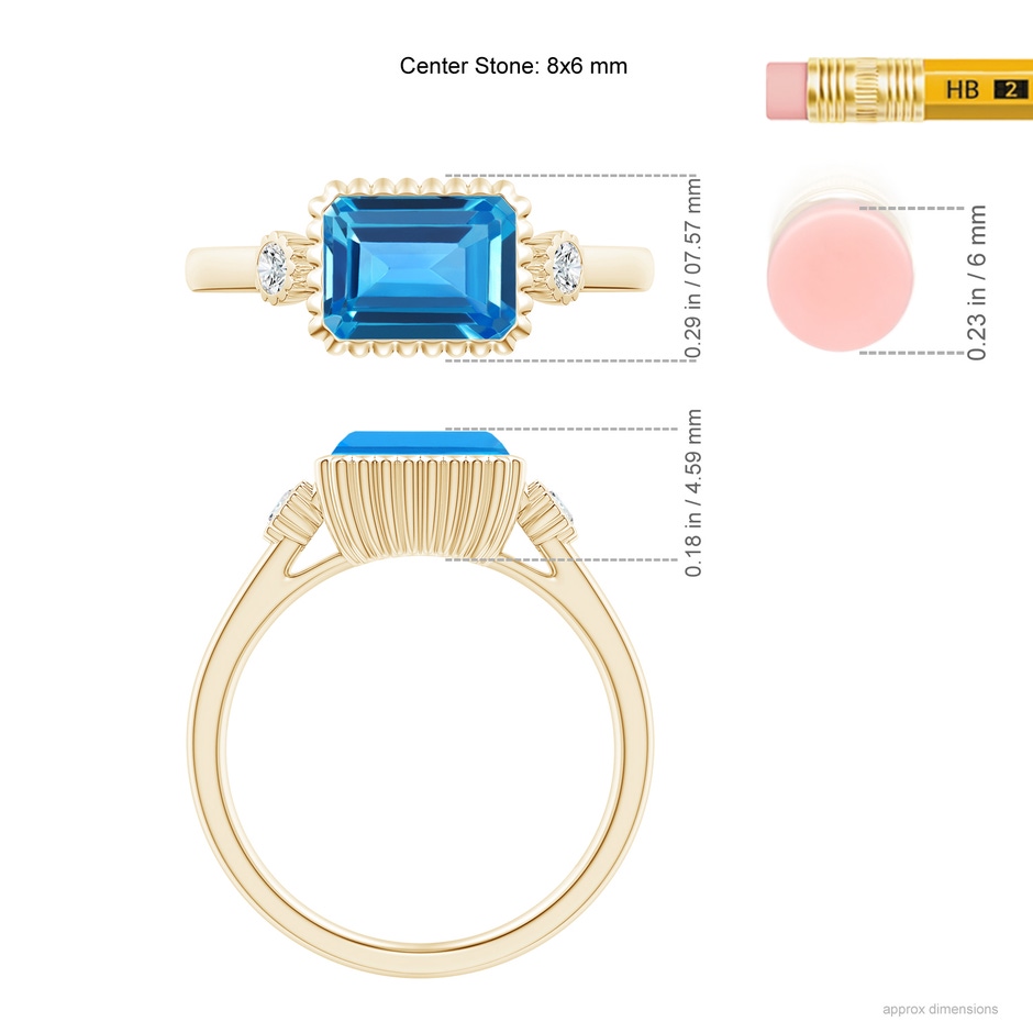 8x6mm AAAA East-West Emerald-Cut Swiss Blue Topaz Ring with Diamonds in Yellow Gold ruler