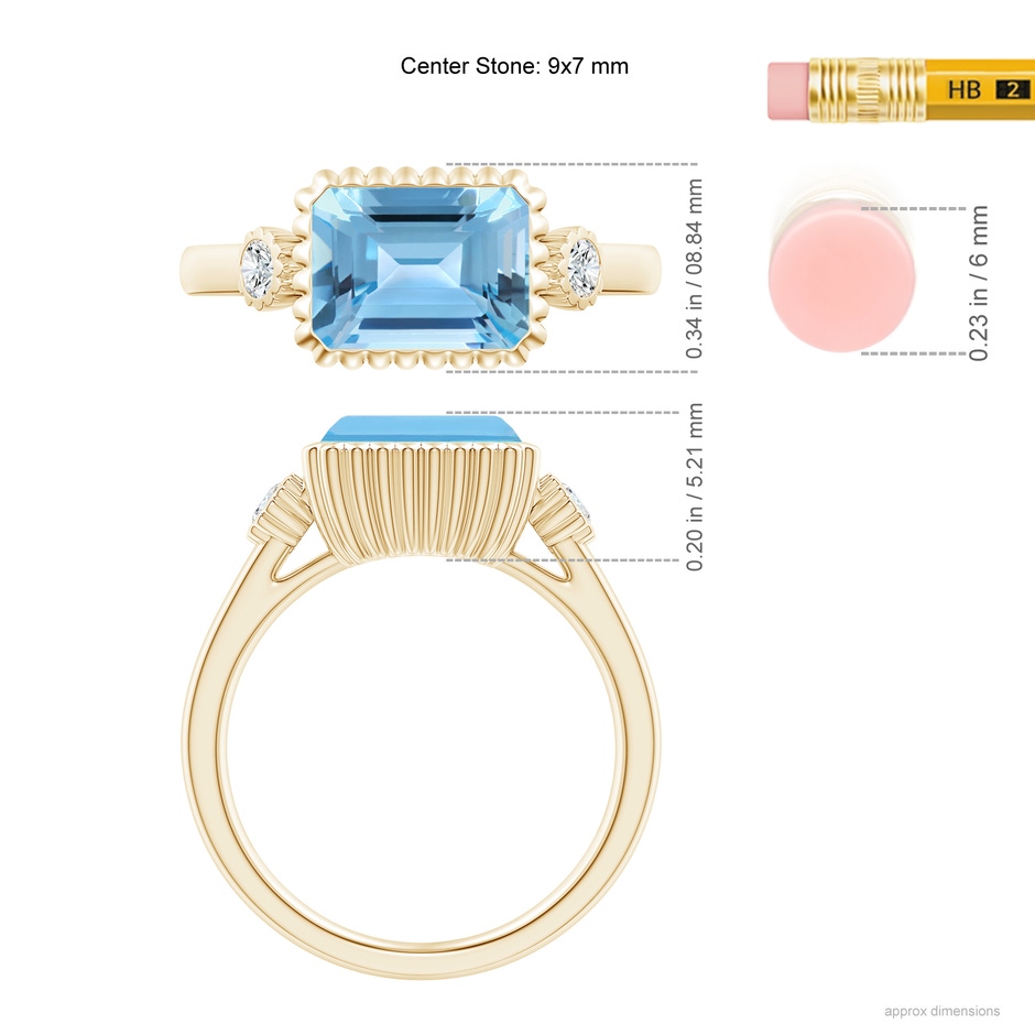 9x7mm A East-West Emerald-Cut Swiss Blue Topaz Ring with Diamonds in Yellow Gold ruler
