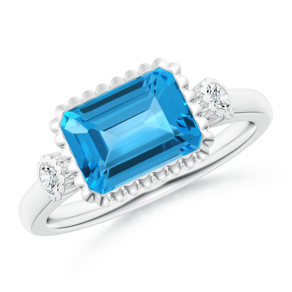 9x7mm AAA East-West Emerald-Cut Swiss Blue Topaz Ring with Diamonds in White Gold 