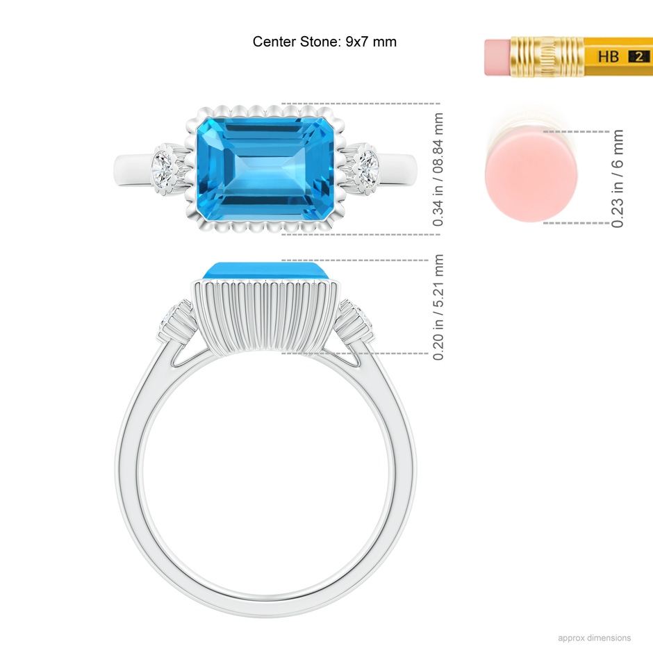 9x7mm AAA East-West Emerald-Cut Swiss Blue Topaz Ring with Diamonds in White Gold ruler
