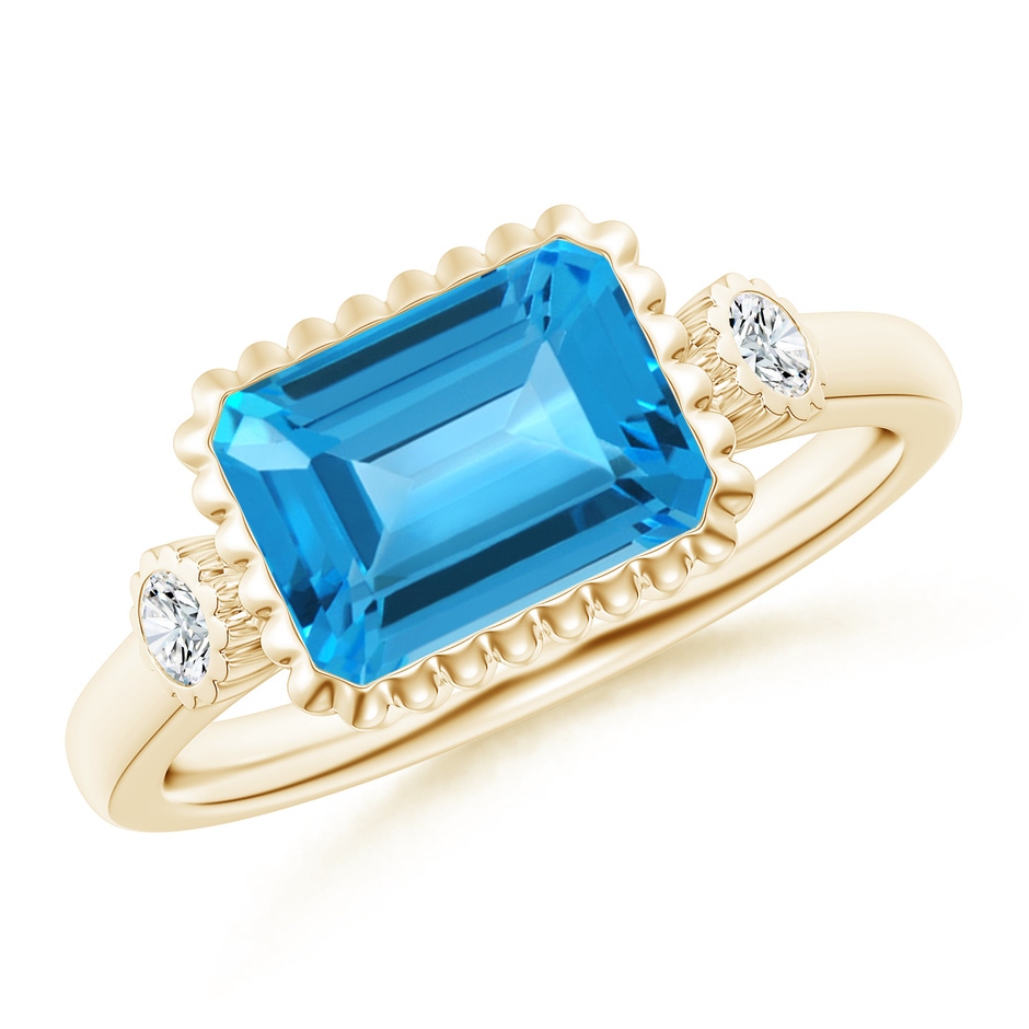 9x7mm AAA East-West Emerald-Cut Swiss Blue Topaz Ring with Diamonds in Yellow Gold 