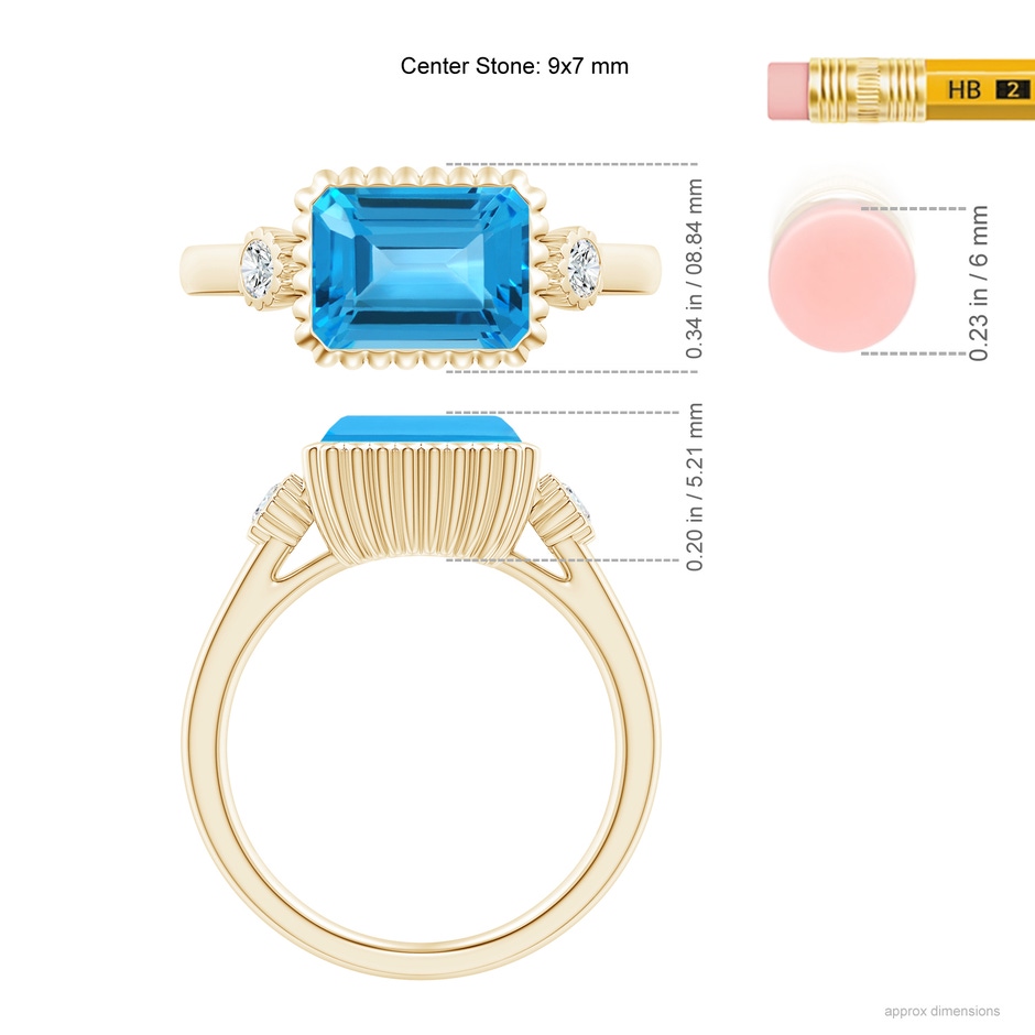 9x7mm AAA East-West Emerald-Cut Swiss Blue Topaz Ring with Diamonds in Yellow Gold ruler