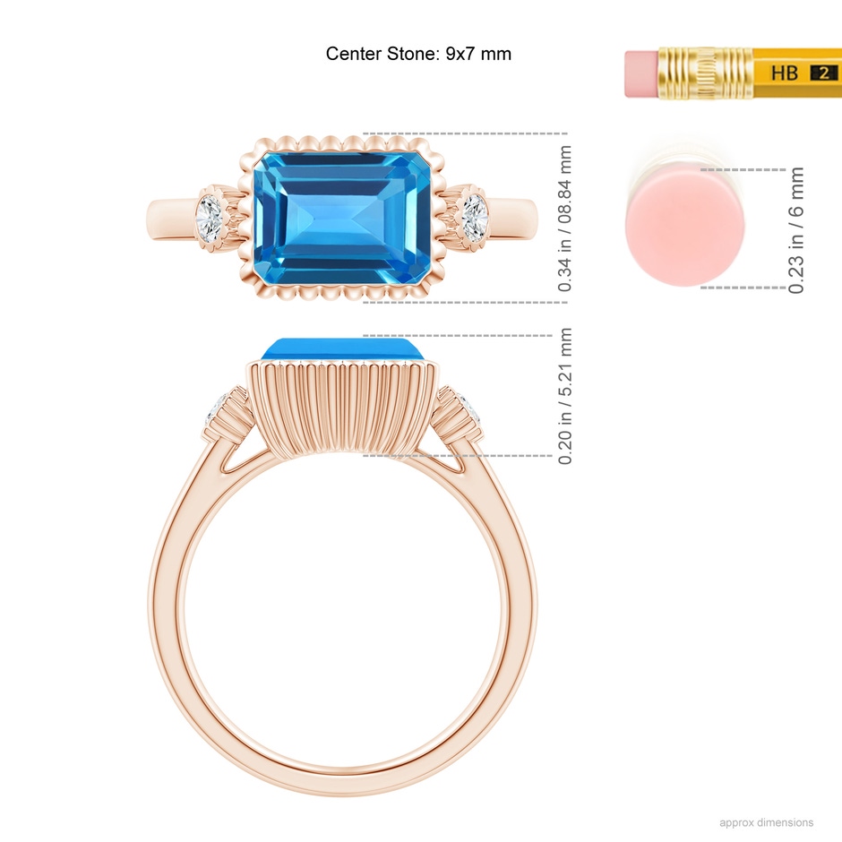 9x7mm AAAA East-West Emerald-Cut Swiss Blue Topaz Ring with Diamonds in Rose Gold ruler