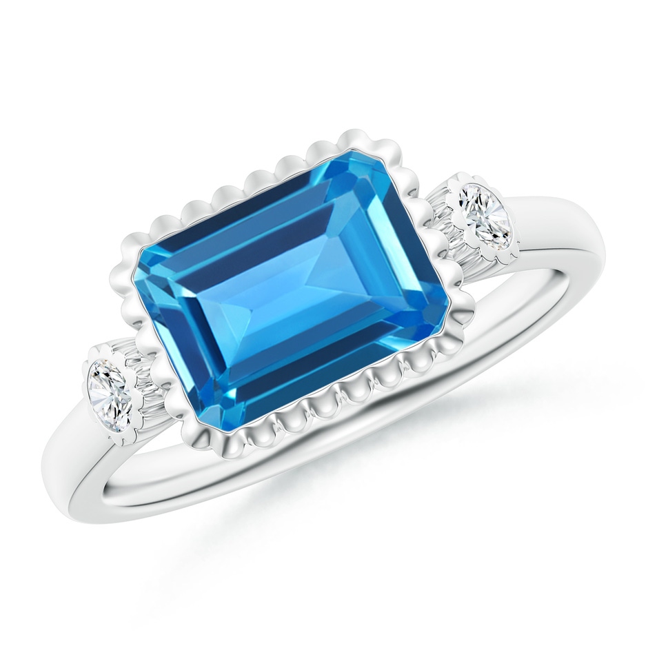 9x7mm AAAA East-West Emerald-Cut Swiss Blue Topaz Ring with Diamonds in White Gold 