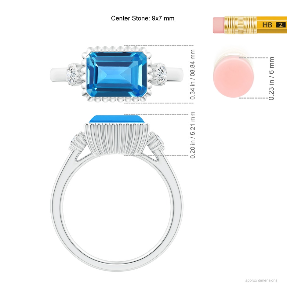 9x7mm AAAA East-West Emerald-Cut Swiss Blue Topaz Ring with Diamonds in White Gold ruler
