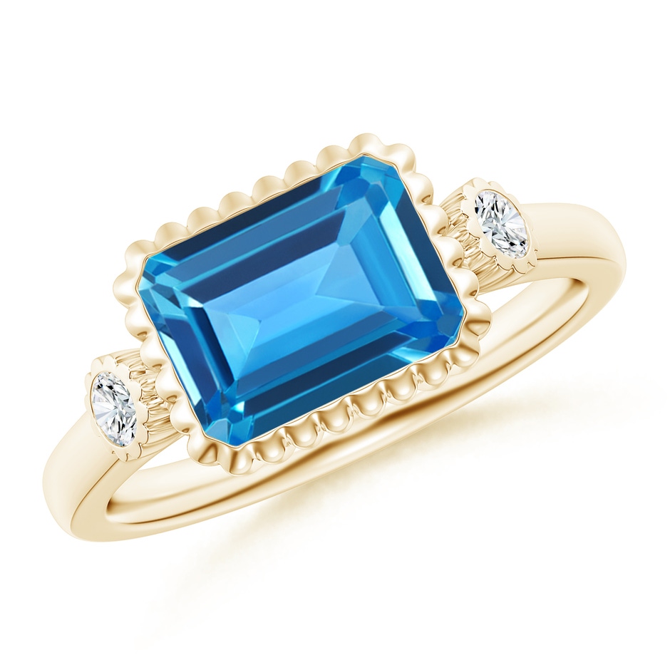 9x7mm AAAA East-West Emerald-Cut Swiss Blue Topaz Ring with Diamonds in Yellow Gold 