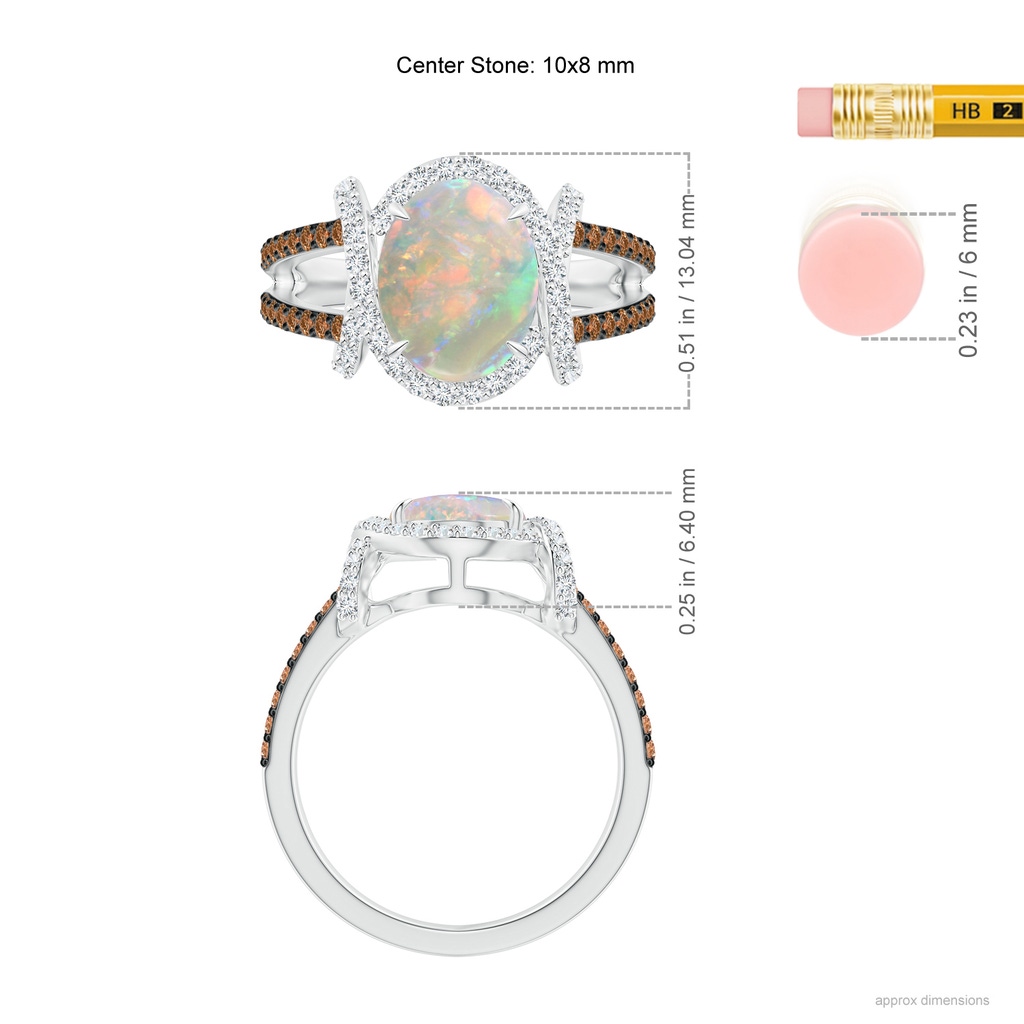 10x8mm AAAA Oval Opal Split Shank Cocktail Ring with Coffee Diamonds in P950 Platinum Ruler