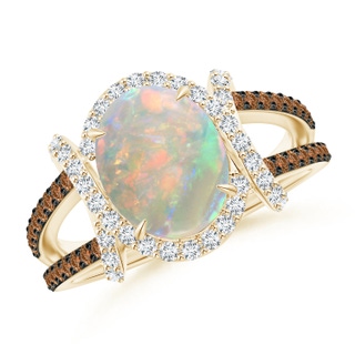 10x8mm AAAA Oval Opal Split Shank Cocktail Ring with Coffee Diamonds in Yellow Gold