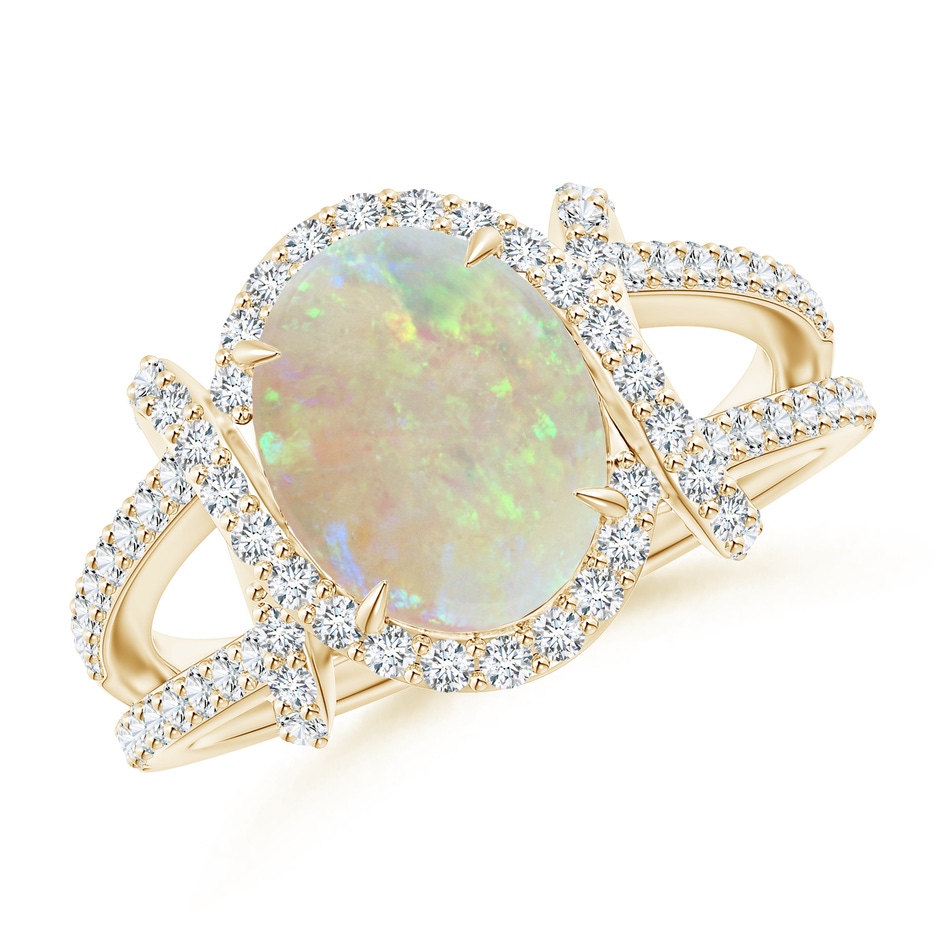 10x8mm AAA Oval Opal Split Shank Cocktail Ring with Diamonds in Yellow Gold 