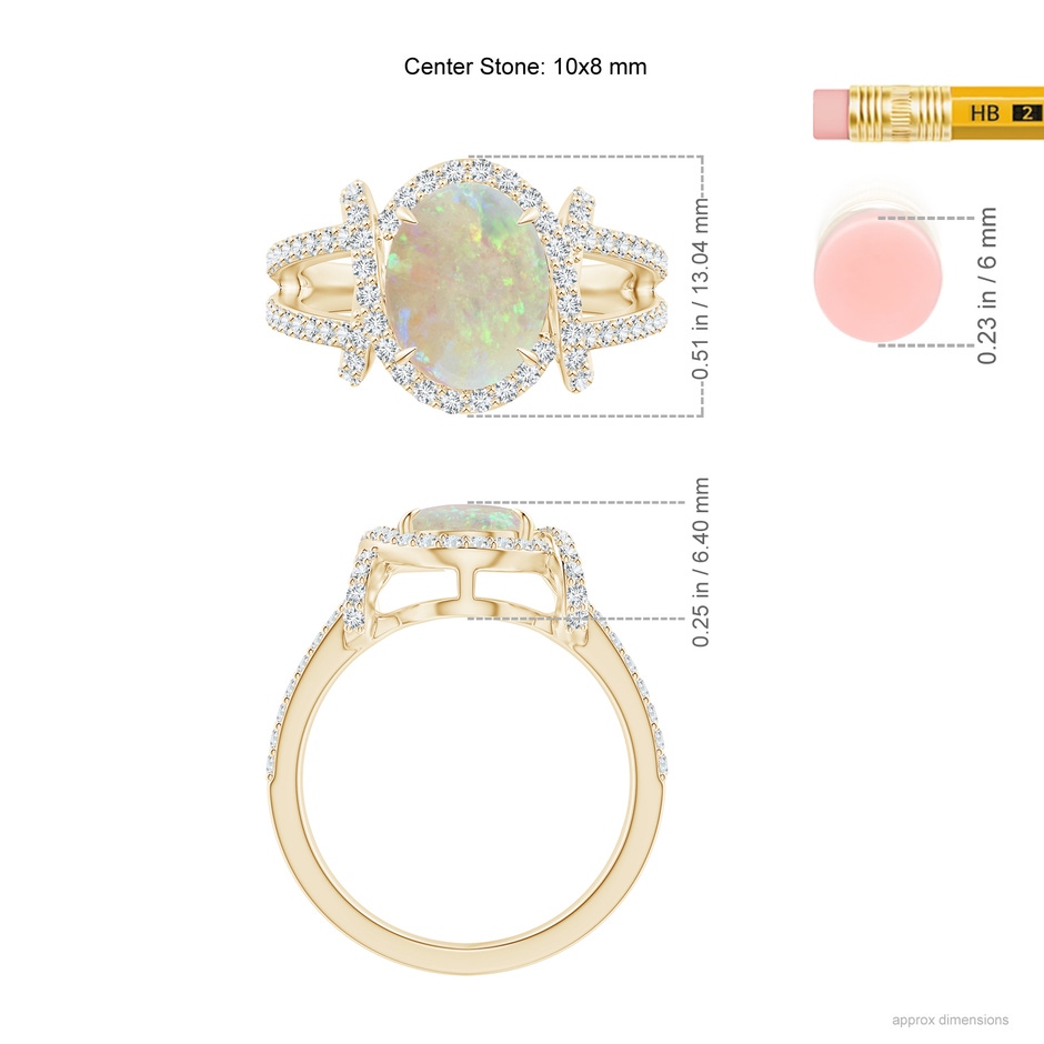 10x8mm AAA Oval Opal Split Shank Cocktail Ring with Diamonds in Yellow Gold ruler