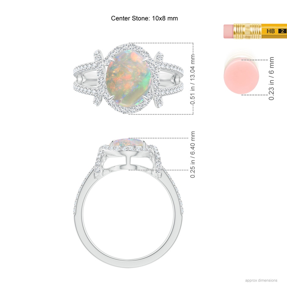 10x8mm AAAA Oval Opal Split Shank Cocktail Ring with Diamonds in White Gold ruler