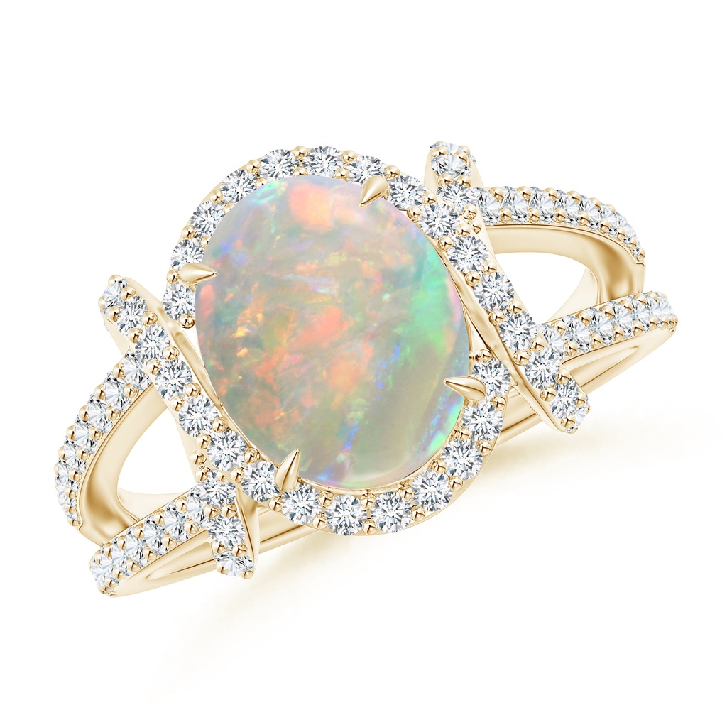 10x8mm AAAA Oval Opal Split Shank Cocktail Ring with Diamonds in Yellow Gold