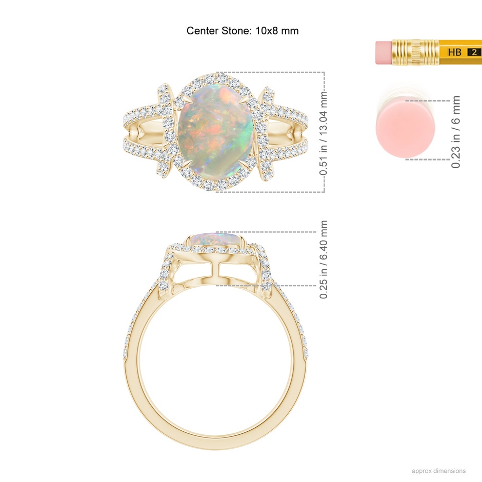 10x8mm AAAA Oval Opal Split Shank Cocktail Ring with Diamonds in Yellow Gold ruler