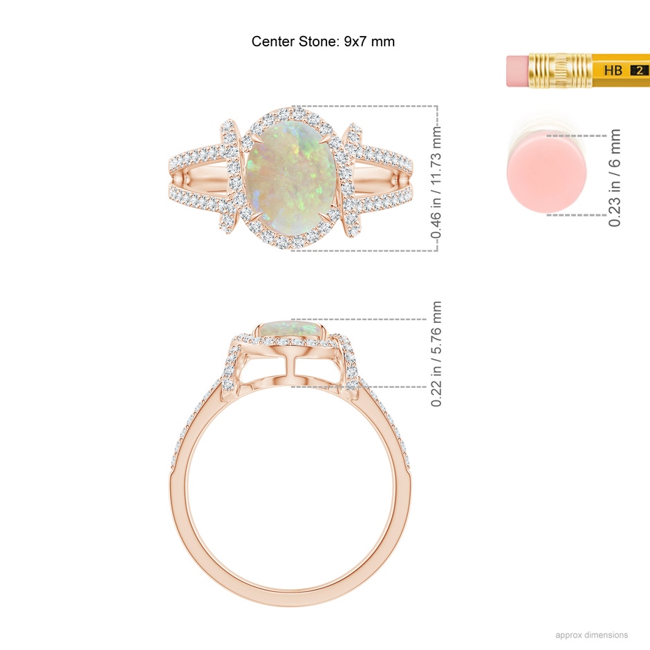 9x7mm AAA Oval Opal Split Shank Cocktail Ring with Diamonds in Rose Gold ruler
