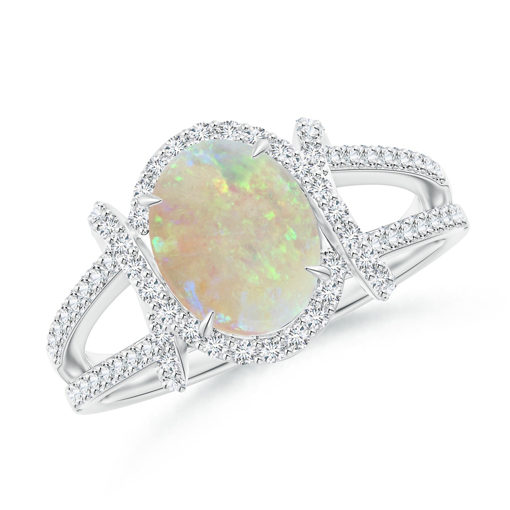 9x7mm AAA Oval Opal Split Shank Cocktail Ring with Diamonds in White Gold