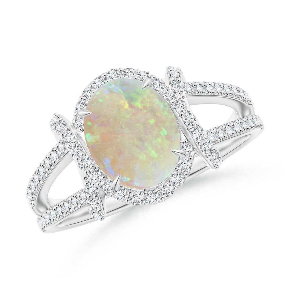 9x7mm AAA Oval Opal Split Shank Cocktail Ring with Diamonds in White Gold 