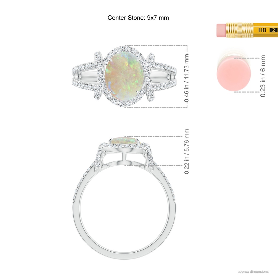 9x7mm AAA Oval Opal Split Shank Cocktail Ring with Diamonds in White Gold ruler