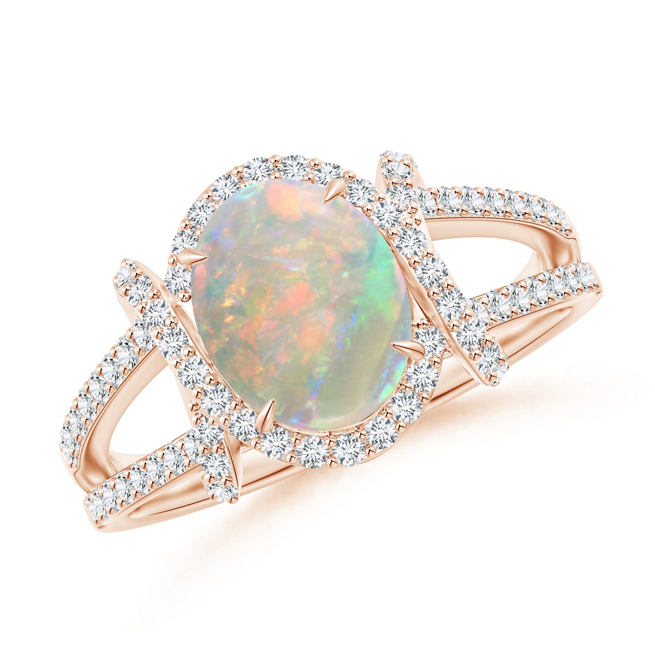 9x7mm AAAA Oval Opal Split Shank Cocktail Ring with Diamonds in Rose Gold 