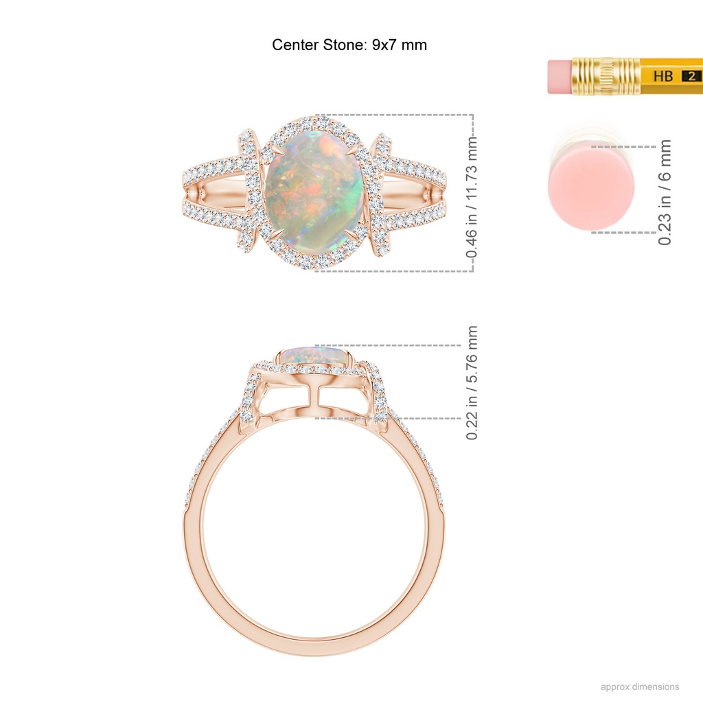 9x7mm AAAA Oval Opal Split Shank Cocktail Ring with Diamonds in Rose Gold Ruler