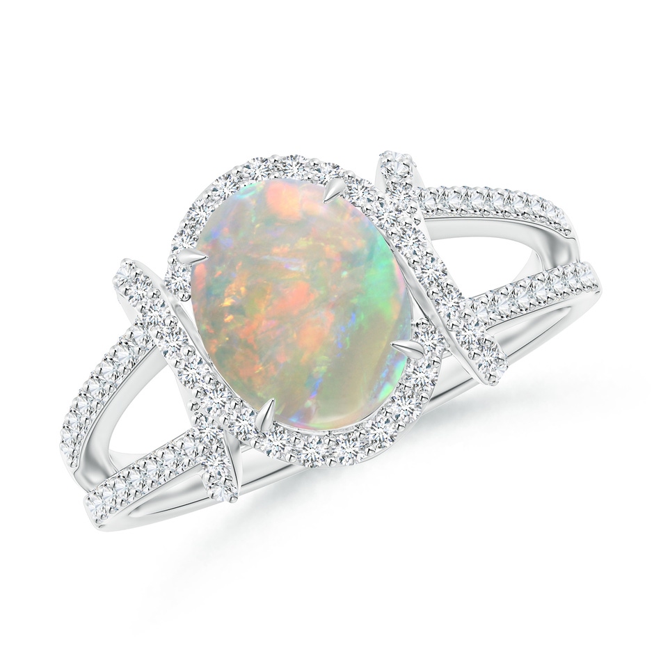9x7mm AAAA Oval Opal Split Shank Cocktail Ring with Diamonds in White Gold 