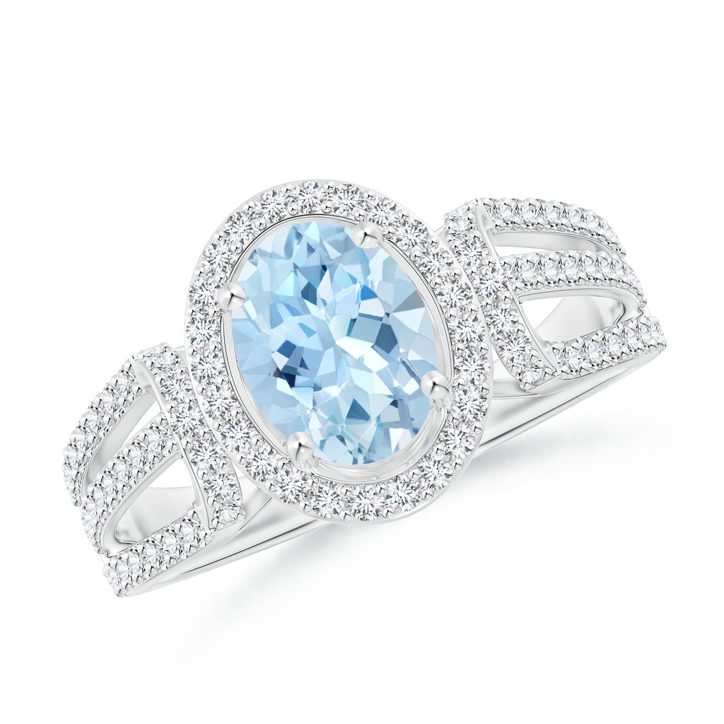 8x6mm AAA Aquamarine Triple Shank Cocktail Ring with Diamond Halo in White Gold