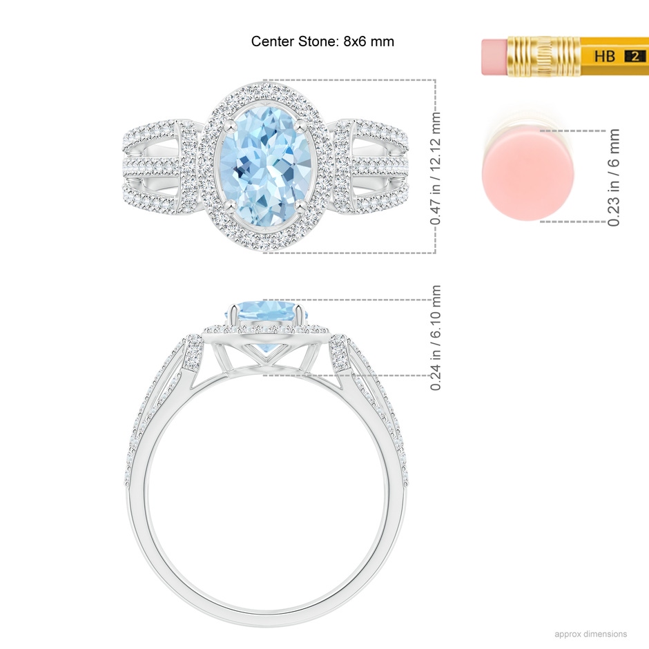 8x6mm AAA Aquamarine Triple Shank Cocktail Ring with Diamond Halo in White Gold ruler