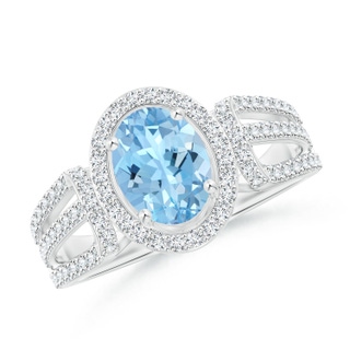 8x6mm AAAA Aquamarine Triple Shank Cocktail Ring with Diamond Halo in P950 Platinum