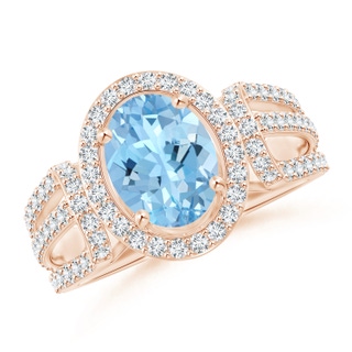 9x7mm AAAA Aquamarine Triple Shank Cocktail Ring with Diamond Halo in Rose Gold