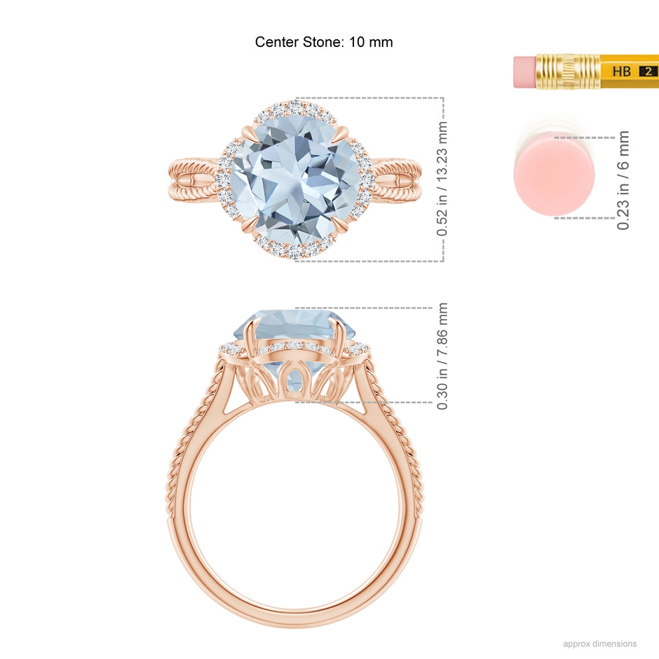 10mm A Round Aquamarine Rope Pattern Split Shank Cocktail Ring in Rose Gold ruler