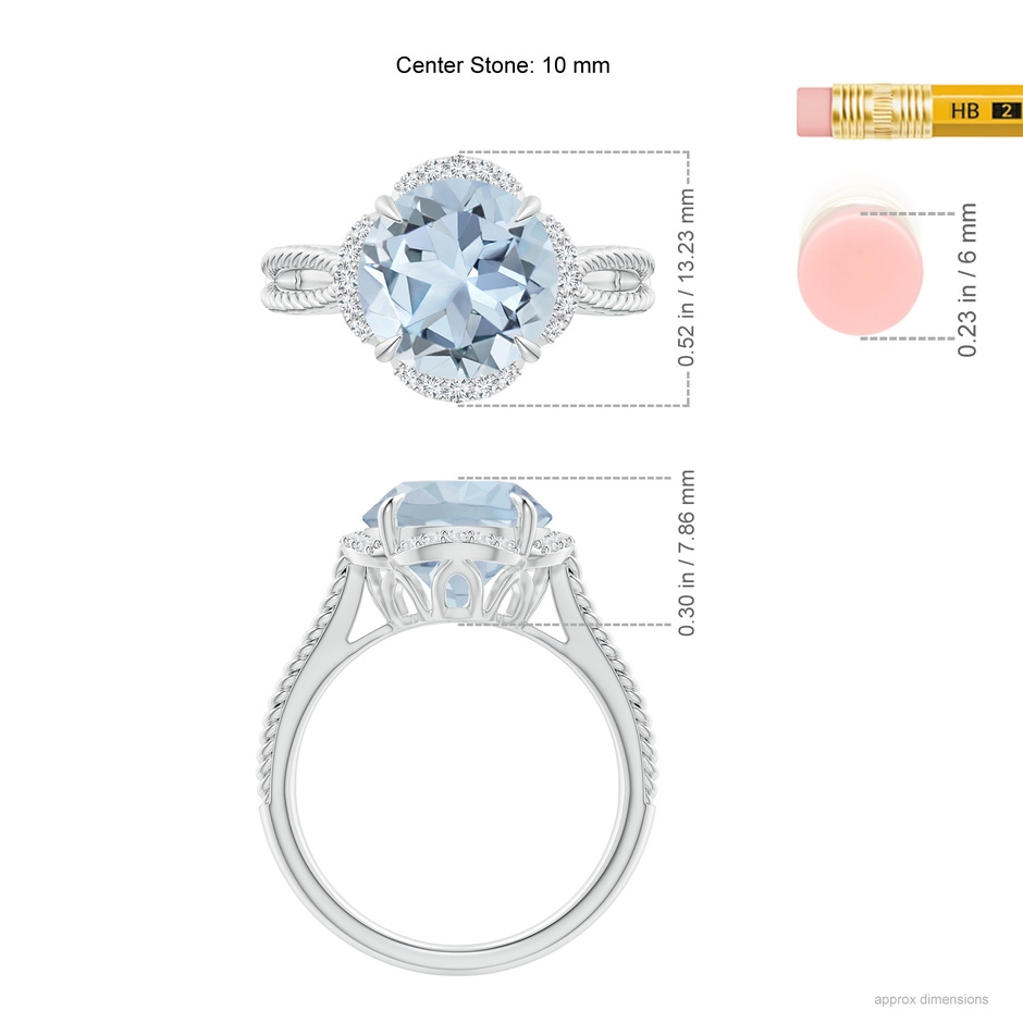 10mm A Round Aquamarine Rope Pattern Split Shank Cocktail Ring in White Gold ruler