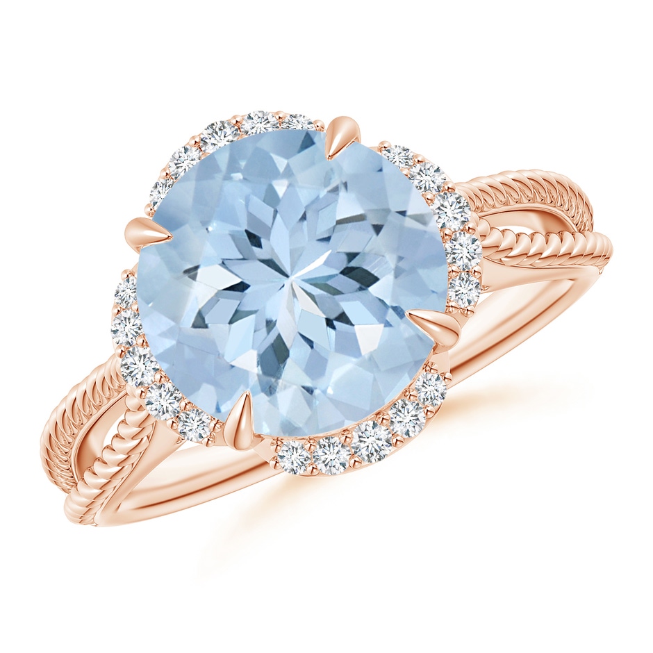 10mm AA Round Aquamarine Rope Pattern Split Shank Cocktail Ring in Rose Gold 