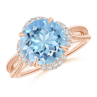 10mm AAAA Round Aquamarine Rope Pattern Split Shank Cocktail Ring in Rose Gold