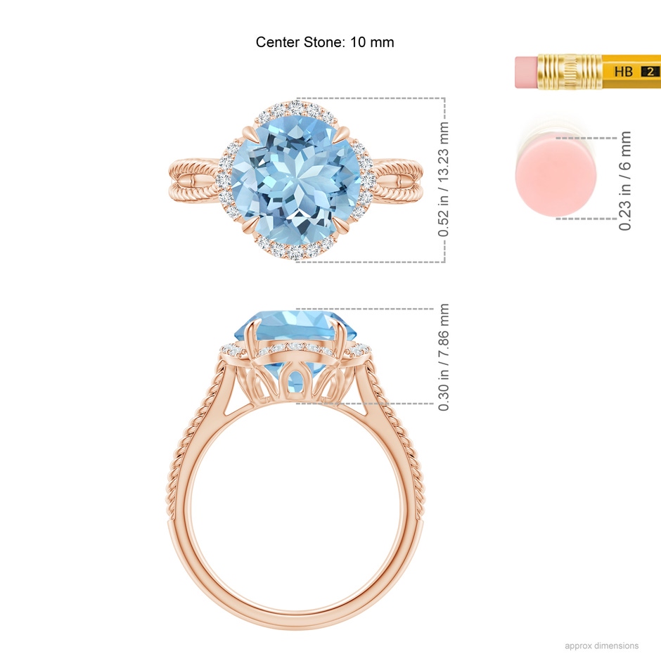 10mm AAAA Round Aquamarine Rope Pattern Split Shank Cocktail Ring in Rose Gold ruler
