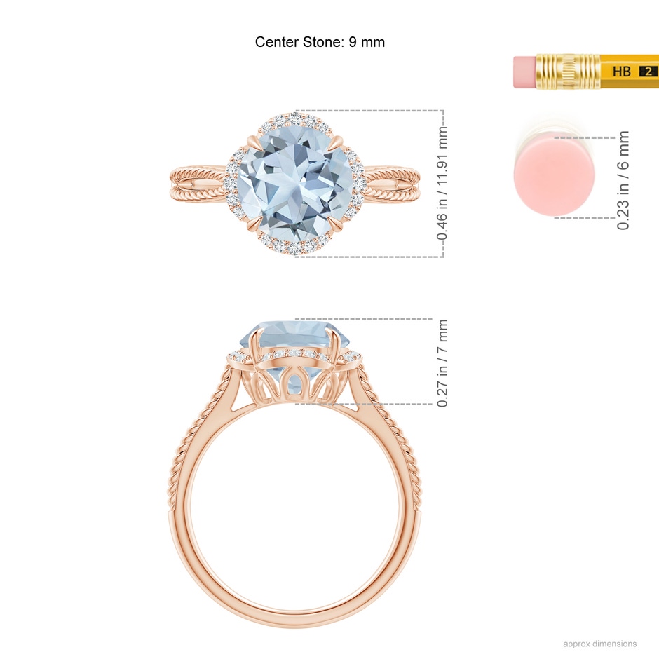 9mm A Round Aquamarine Rope Pattern Split Shank Cocktail Ring in Rose Gold ruler