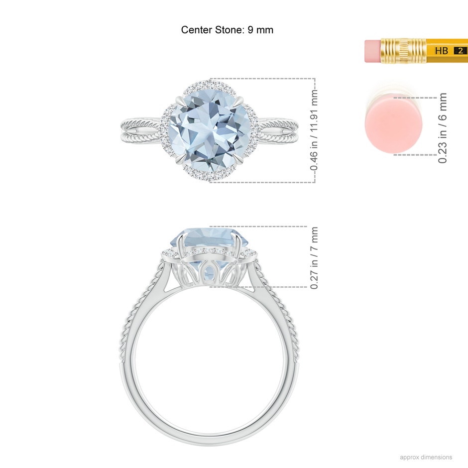 9mm A Round Aquamarine Rope Pattern Split Shank Cocktail Ring in White Gold ruler