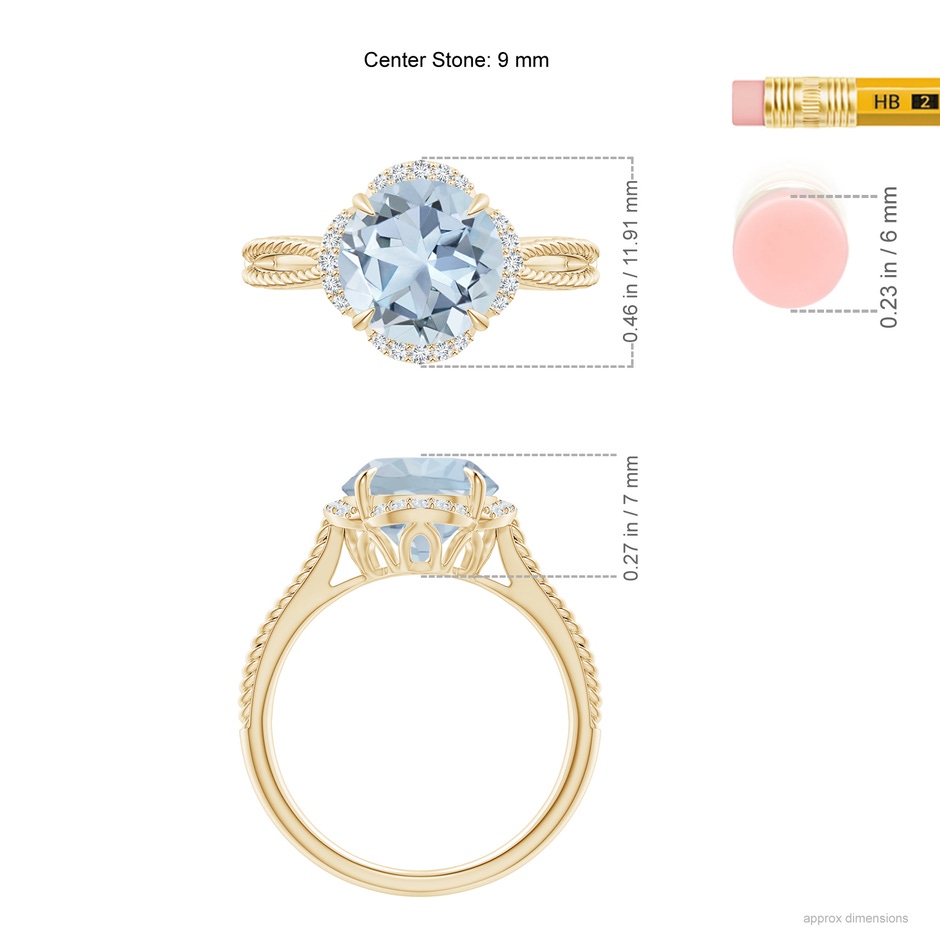9mm A Round Aquamarine Rope Pattern Split Shank Cocktail Ring in Yellow Gold ruler