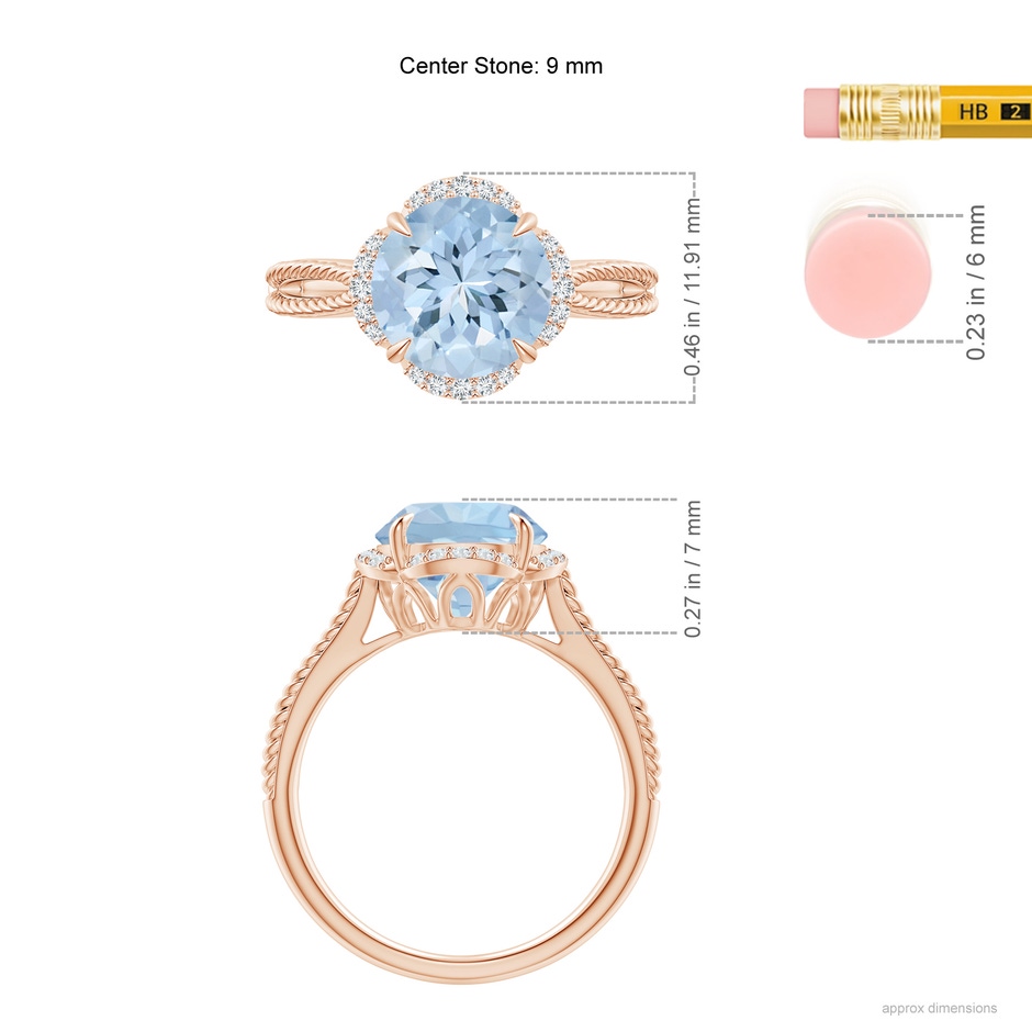 9mm AA Round Aquamarine Rope Pattern Split Shank Cocktail Ring in Rose Gold ruler
