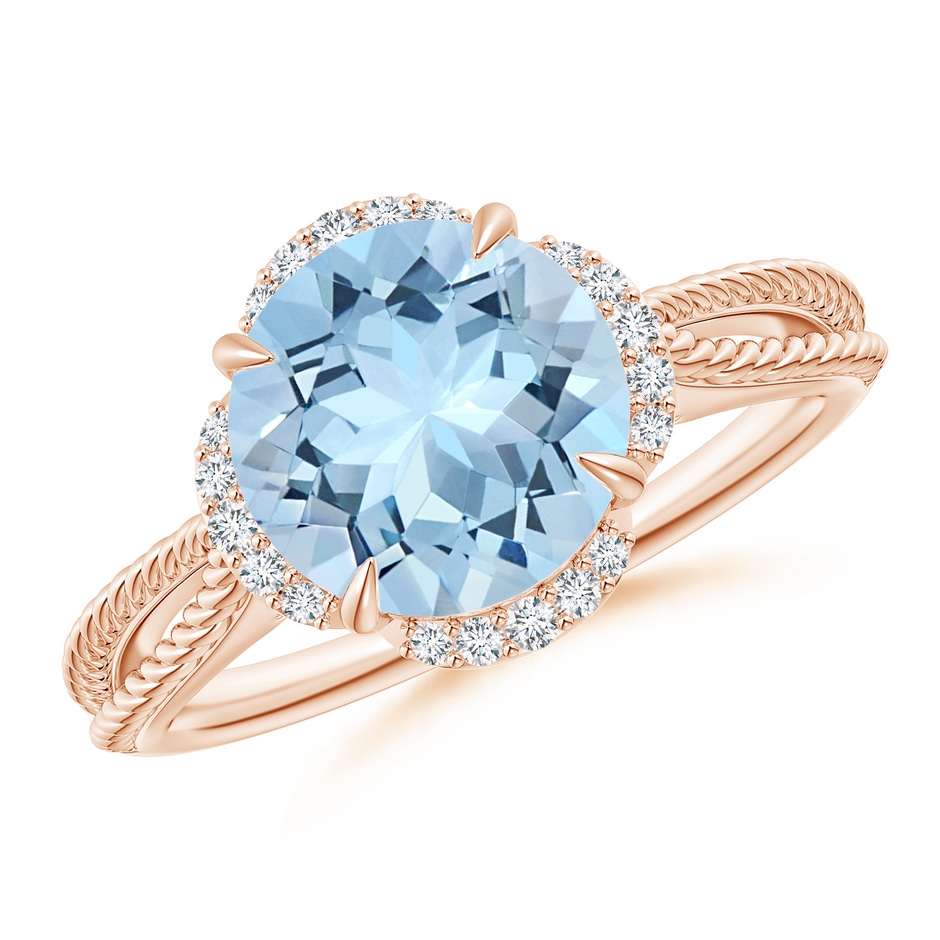 9mm AAA Round Aquamarine Rope Pattern Split Shank Cocktail Ring in Rose Gold 
