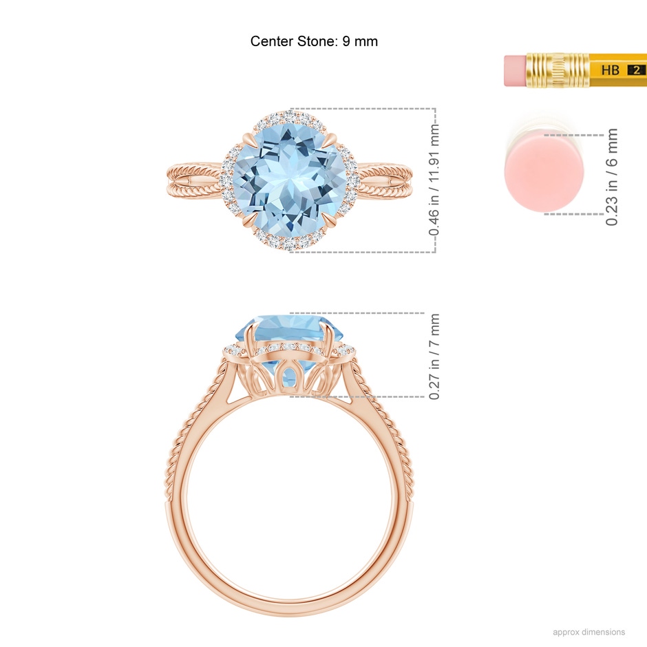 9mm AAA Round Aquamarine Rope Pattern Split Shank Cocktail Ring in Rose Gold ruler