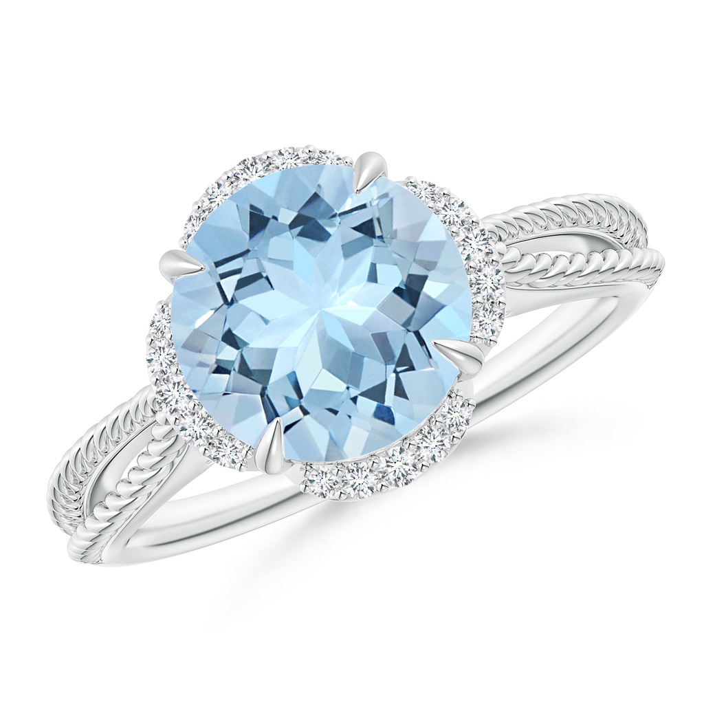 9mm AAA Round Aquamarine Rope Pattern Split Shank Cocktail Ring in White Gold