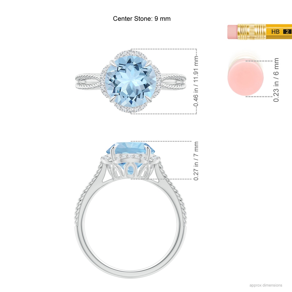 9mm AAA Round Aquamarine Rope Pattern Split Shank Cocktail Ring in White Gold Ruler