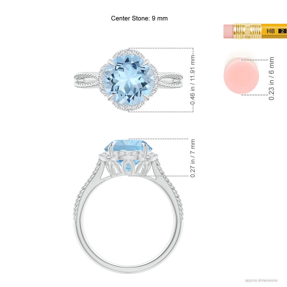 9mm AAA Round Aquamarine Rope Pattern Split Shank Cocktail Ring in White Gold ruler