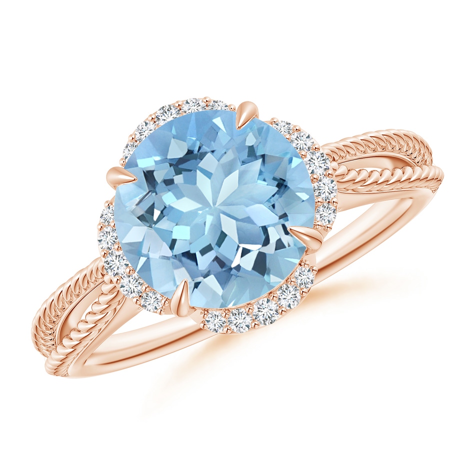9mm AAAA Round Aquamarine Rope Pattern Split Shank Cocktail Ring in Rose Gold 