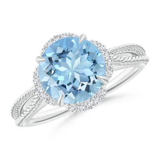 9mm AAAA Round Aquamarine Rope Pattern Split Shank Cocktail Ring in White Gold