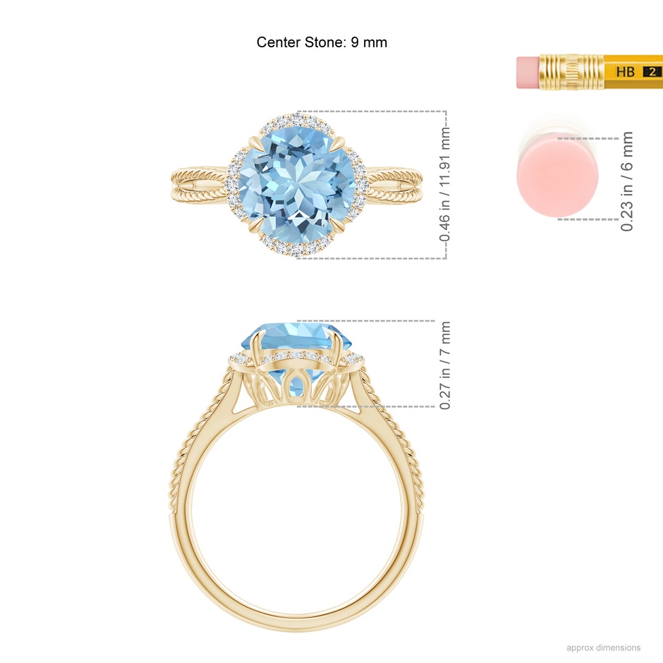 9mm AAAA Round Aquamarine Rope Pattern Split Shank Cocktail Ring in Yellow Gold ruler