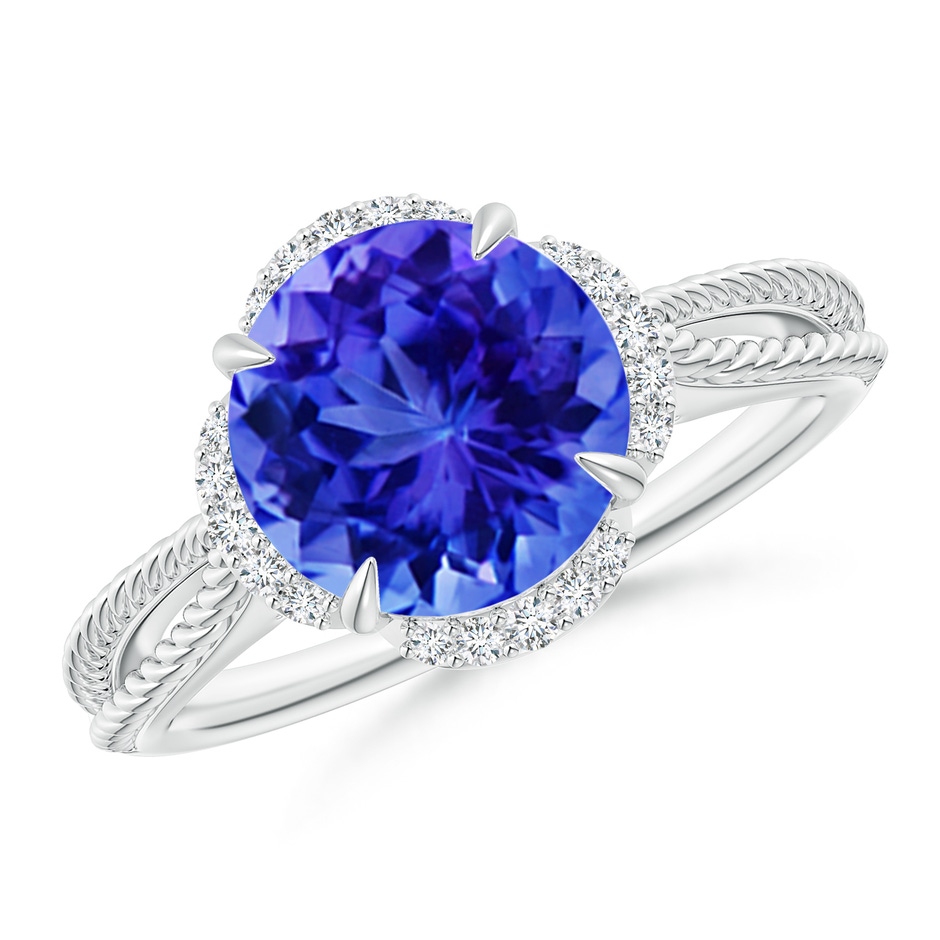 9mm AAA Round Tanzanite Rope Pattern Split Shank Cocktail Ring in White Gold 