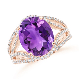 12x10mm AAA Oval Amethyst Ornate Shank Cocktail Ring with Diamonds in Rose Gold