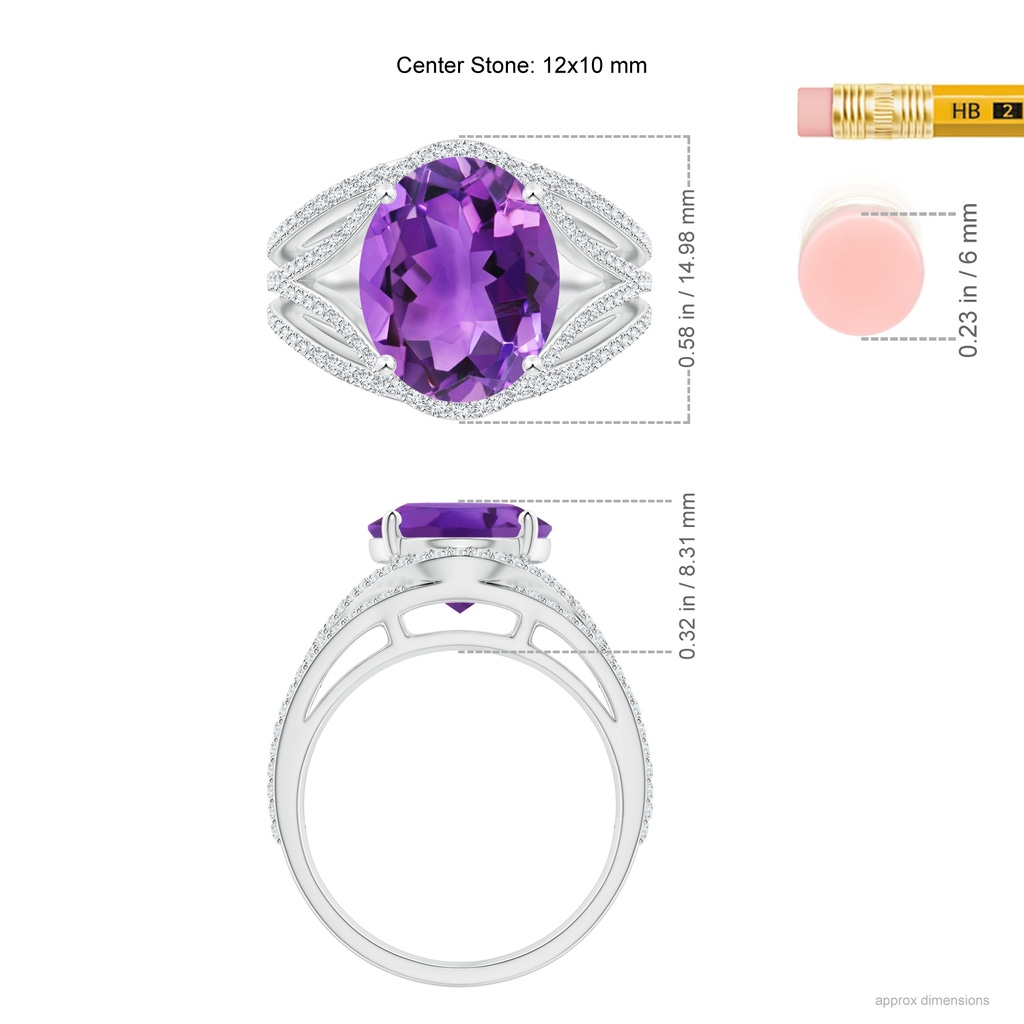 12x10mm AAA Oval Amethyst Ornate Shank Cocktail Ring with Diamonds in White Gold Ruler